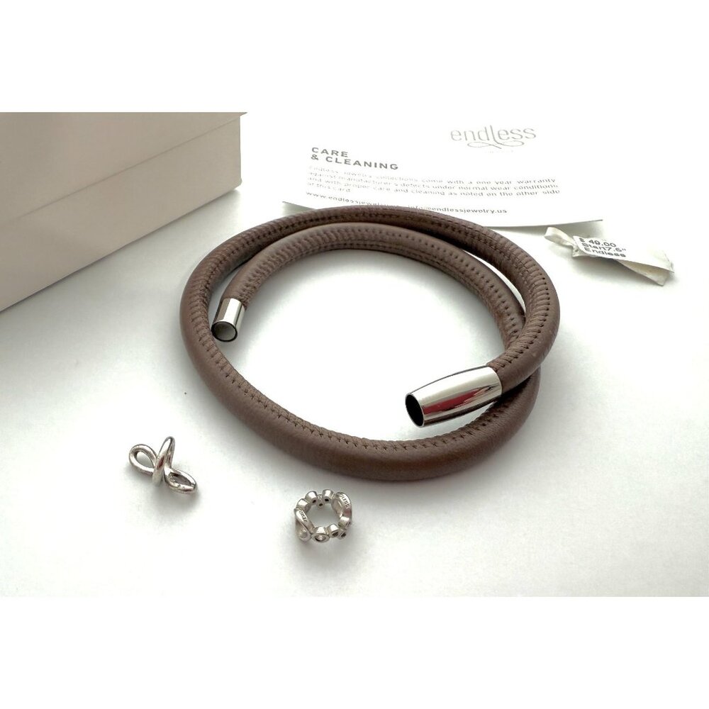 Double Wrap Brown Leather Bracelet with 2 Charms Steel Lock by Endless Jewelry